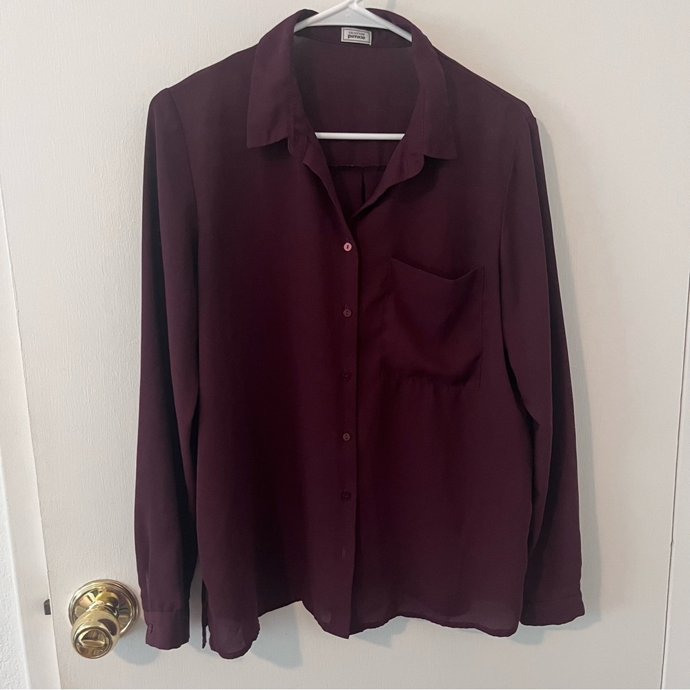 Pimkie Collection Women’s Burgundy Button Down Dress Top Long Sleeve Medium